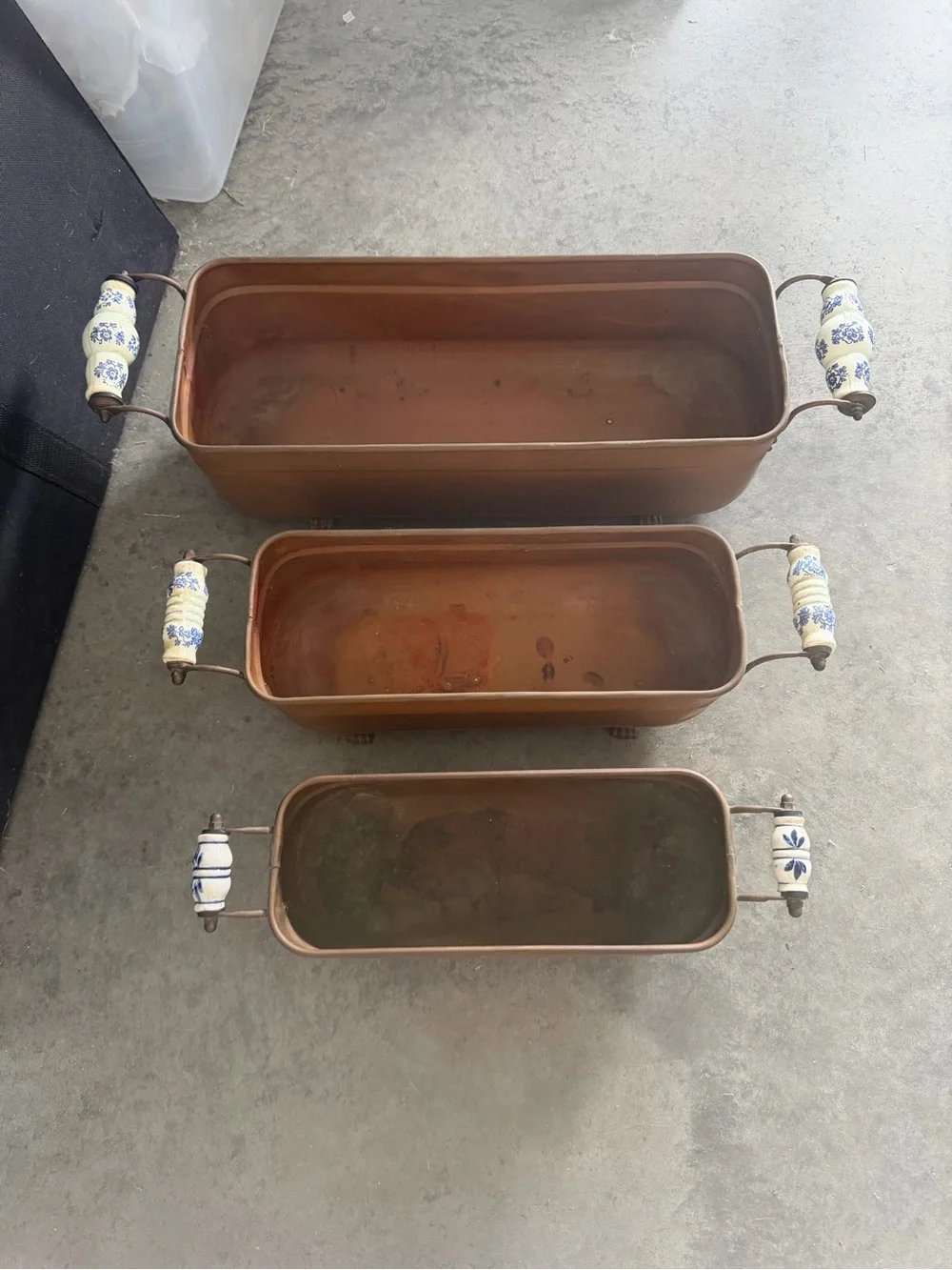 Vintage Copper Jardiniere Planters Set of 3 💙 Porcelain Handles Paw Feet